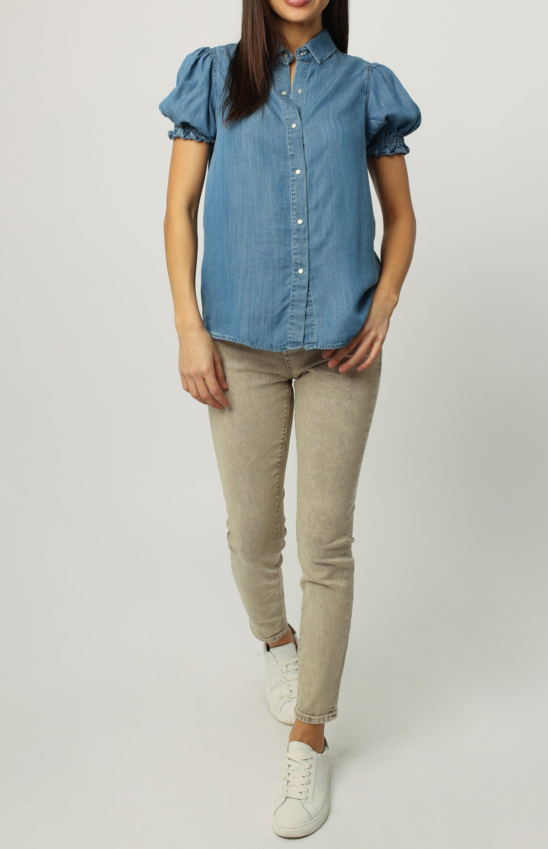 image of a female model wearing a GALA BUTTON DOWN SHORT SLEEVE TOP IMPERIAL BLUE SHIRTS