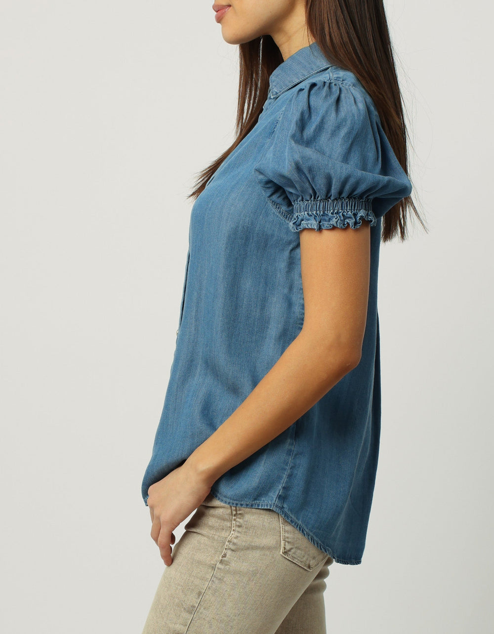 image of a female model wearing a GALA BUTTON DOWN SHORT SLEEVE TOP IMPERIAL BLUE DEAR JOHN DENIM 