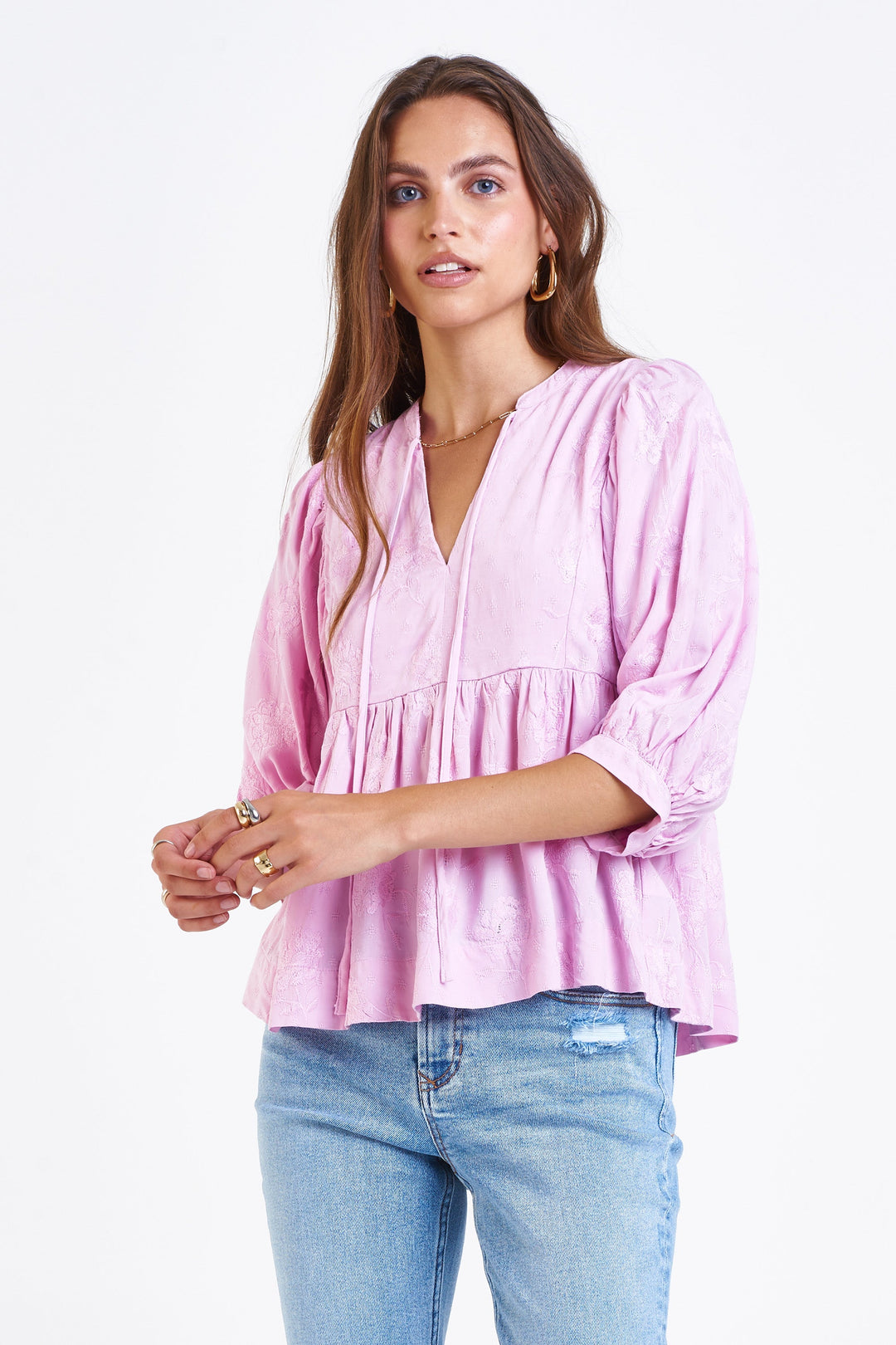 image of a female model wearing a MALIA V-NECK TOP ENGLISH LAVENDER TOPS