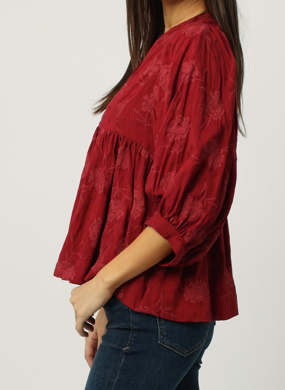 image of a female model wearing a MALIA 3/4 V-NECK TOP RED DAHLIA DEAR JOHN DENIM 