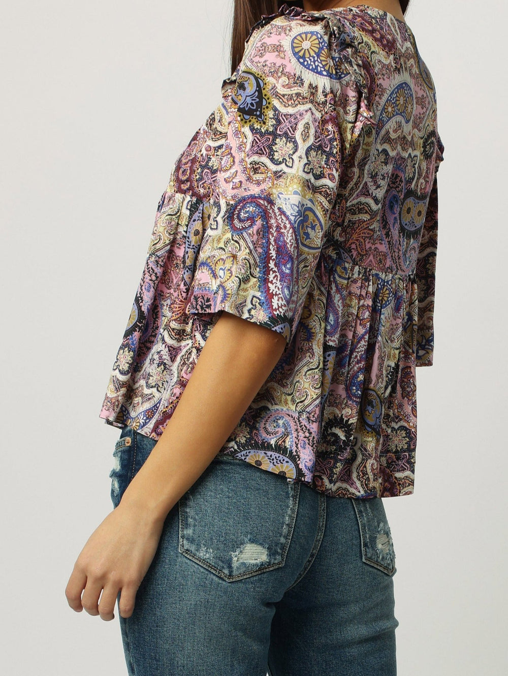 image of a female model wearing a NINA V-NECK WIDE SLEEVE TOP MOONSCAPE PAISLEY DEAR JOHN DENIM 