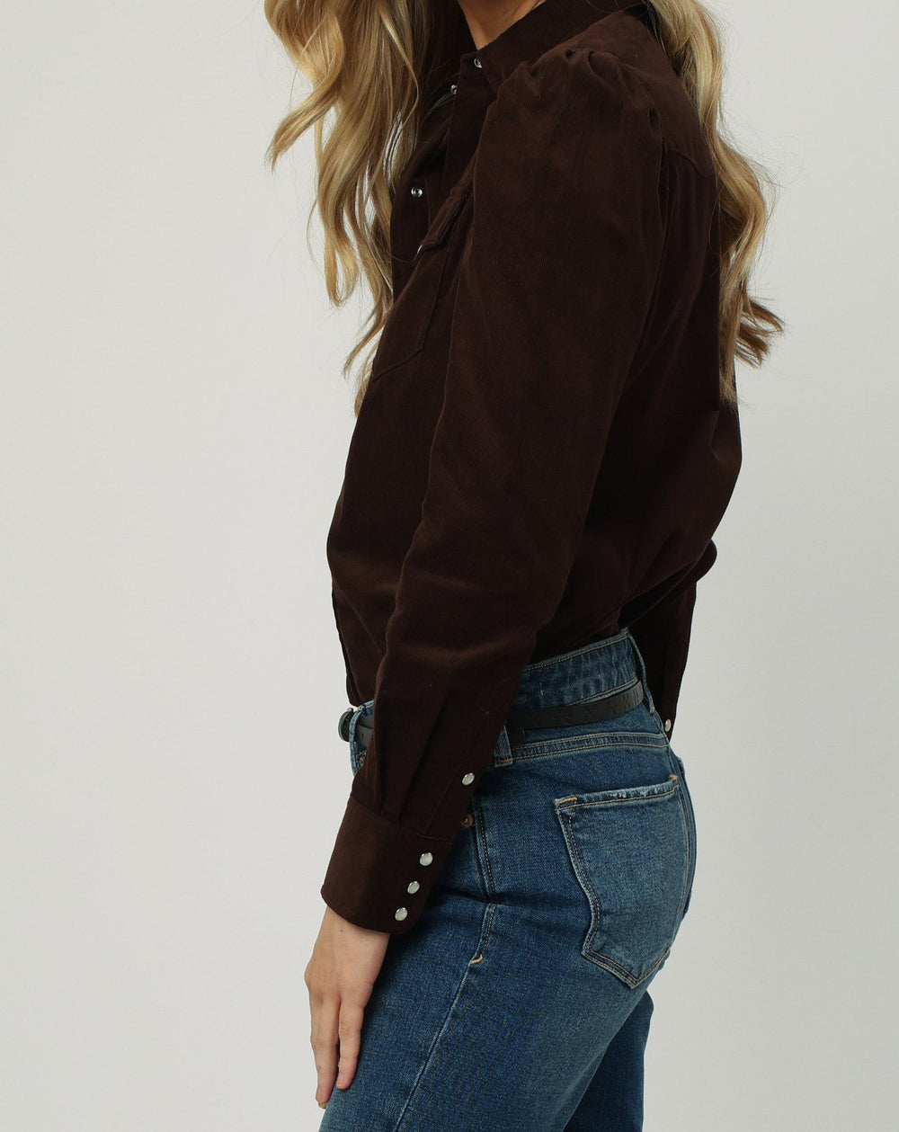 image of a female model wearing a FRANCESCA LONG SLEEVE SHIRT DARK SEPIA DEAR JOHN DENIM 