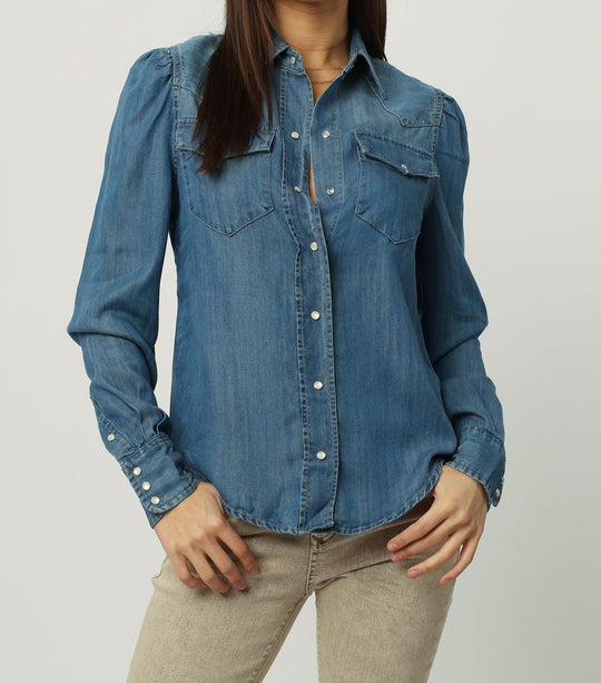 image of a female model wearing a FRANCESCA PUFF SHOULDER LONG SLEEVE SHIRT IMPERIAL BLUE SHIRTS