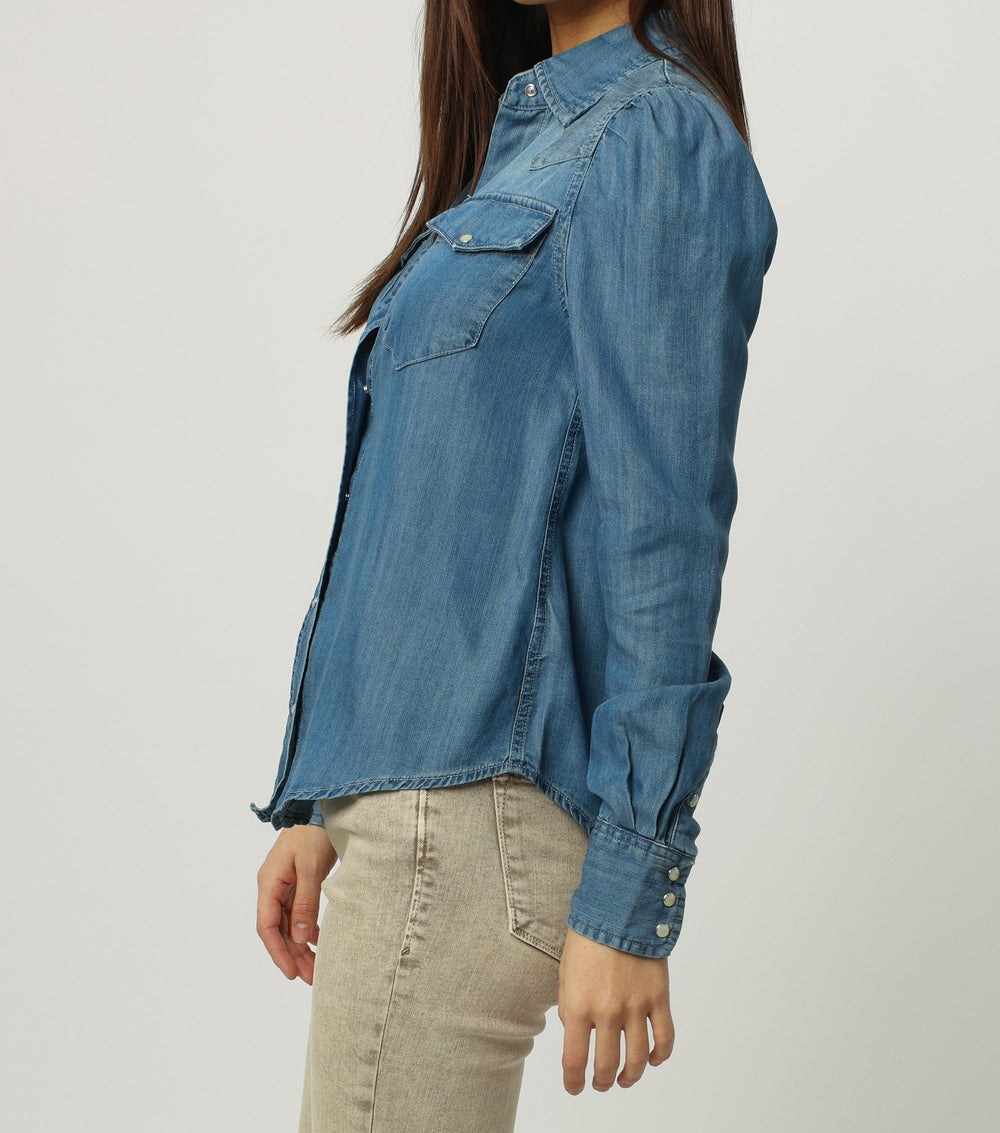 image of a female model wearing a FRANCESCA PUFF SHOULDER LONG SLEEVE SHIRT IMPERIAL BLUE DEAR JOHN DENIM 