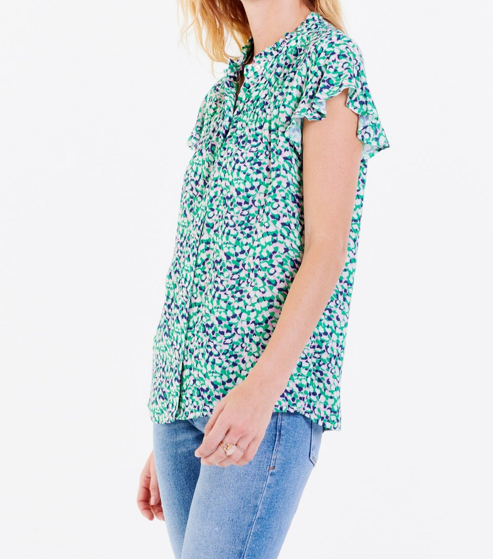 image of a female model wearing a STEPHANY SHORT SLEEVE SHIRT DITSY LEOPARD DEAR JOHN DENIM 