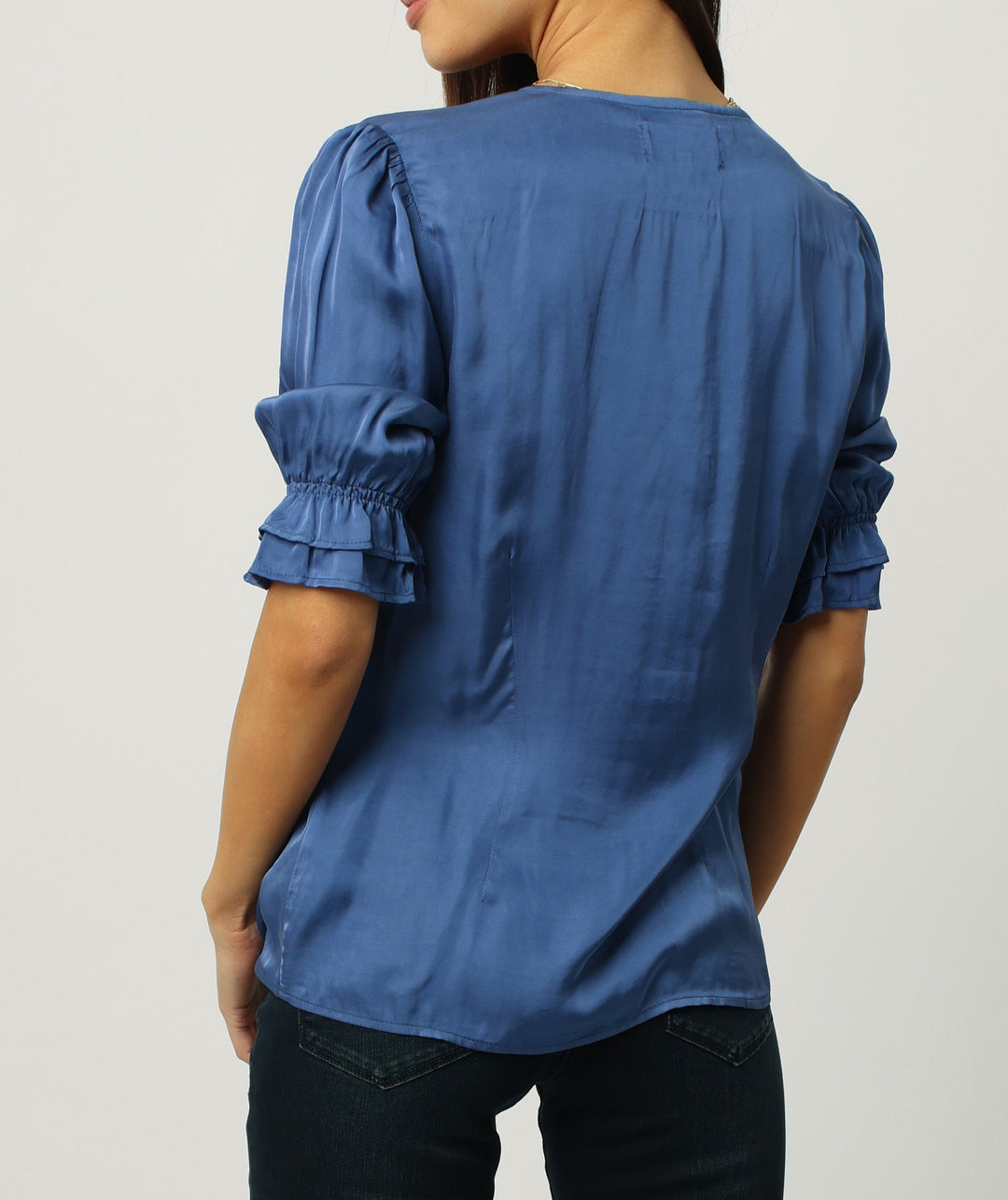 image of a female model wearing a BROOKLYN BUTTON FRONT SILKY SHEEN SHIRT BLUE STONE SHIRTS