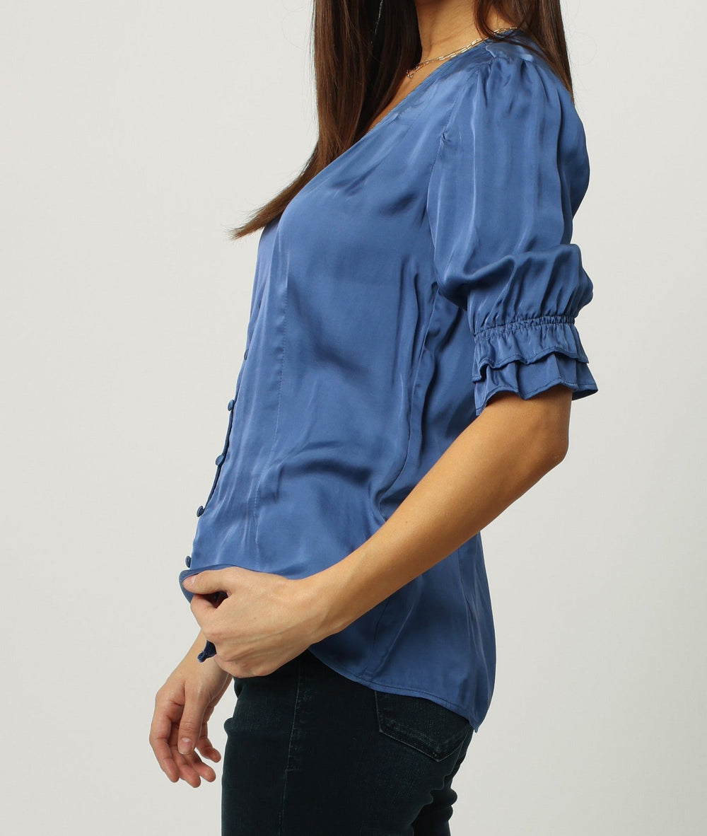 image of a female model wearing a BROOKLYN BUTTON FRONT SILKY SHIRT BLUE STONE DEAR JOHN DENIM 