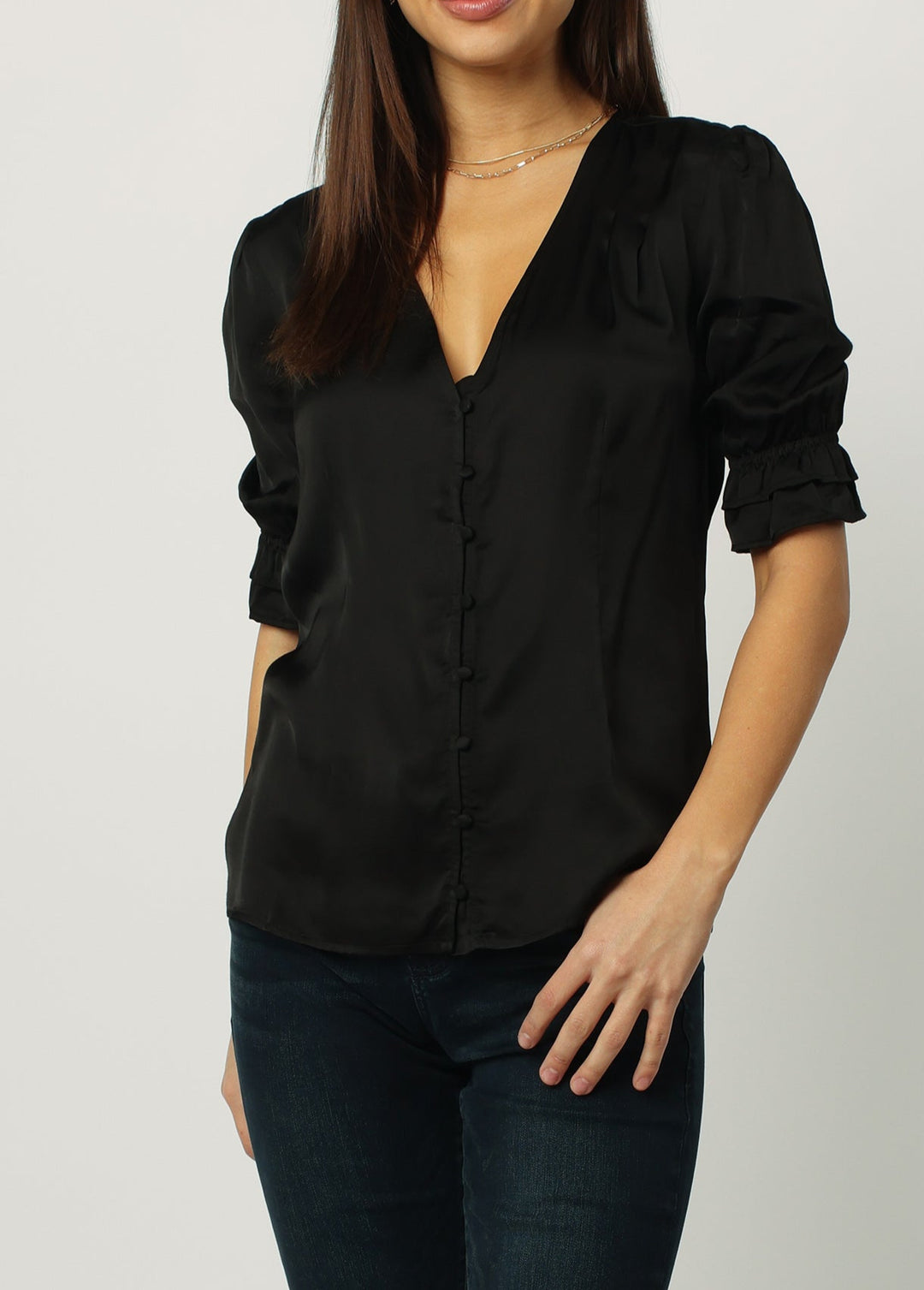 image of a female model wearing a BROOKLYN BUTTON FRONT SILKY SHIRT BLACK DEAR JOHN DENIM 
