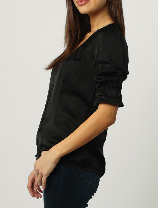 image of a female model wearing a BROOKLYN BUTTON FRONT SILKY SHIRT BLACK DEAR JOHN DENIM 
