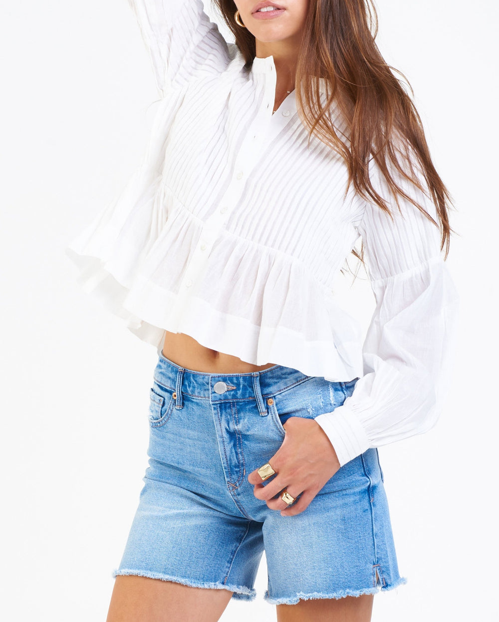 image of a female model wearing a BRAELYN MULTI PLEATS TOP WHITE DEAR JOHN DENIM 