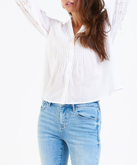 image of a female model wearing a CORA LACE SLEEVE TOP WHITE DEAR JOHN DENIM 