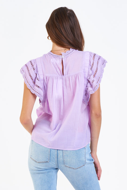 image of a female model wearing a EDITH LACE DETAIL TOP LILAC LUSH DEAR JOHN DENIM 