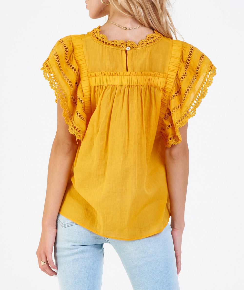 image of a female model wearing a EDITH LACE DETAIL TOP SUNNY YELLOW DEAR JOHN DENIM 