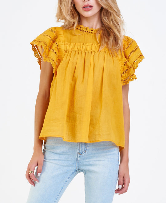 image of a female model wearing a EDITH LACE DETAIL TOP SUNNY YELLOW DEAR JOHN DENIM 