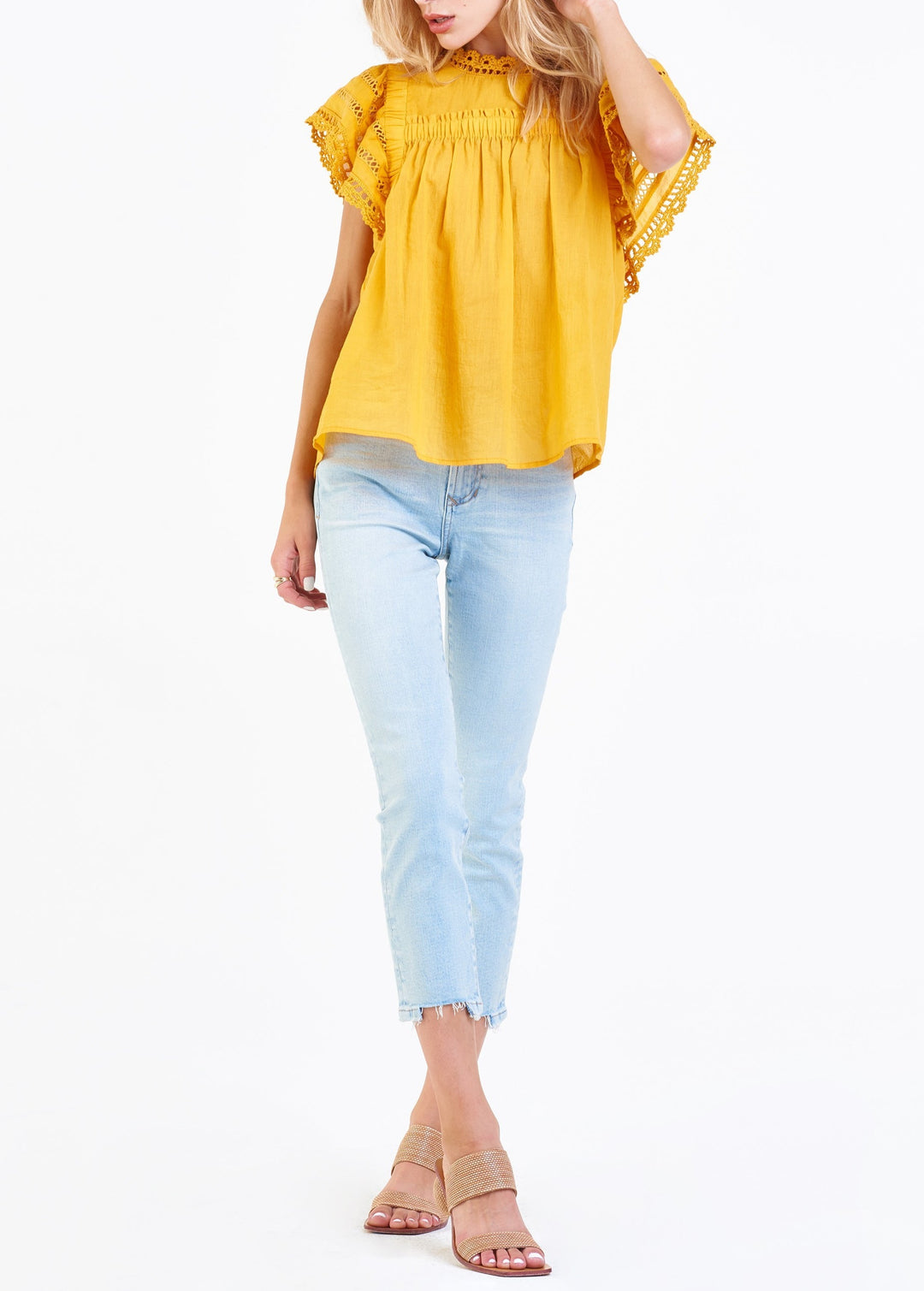 image of a female model wearing a EDITH LACE DETAIL TOP SUNNY YELLOW DEAR JOHN DENIM 