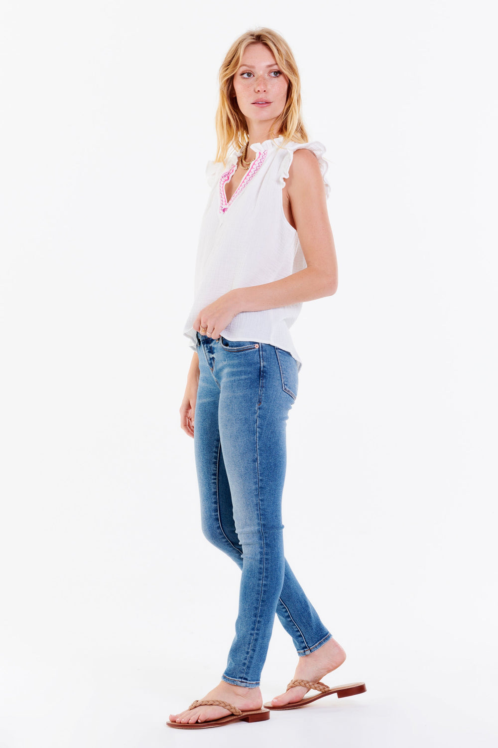 image of a female model wearing a OLGA EMBROIDERY V-NECK TOP WHITE | DEAR JOHN DENIM TOPS