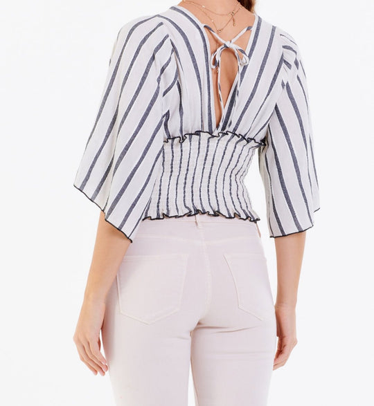 image of a female model wearing a MARCELA KIMONO STYLE TOP BLACK AND CREAM STRIPE DEAR JOHN DENIM 