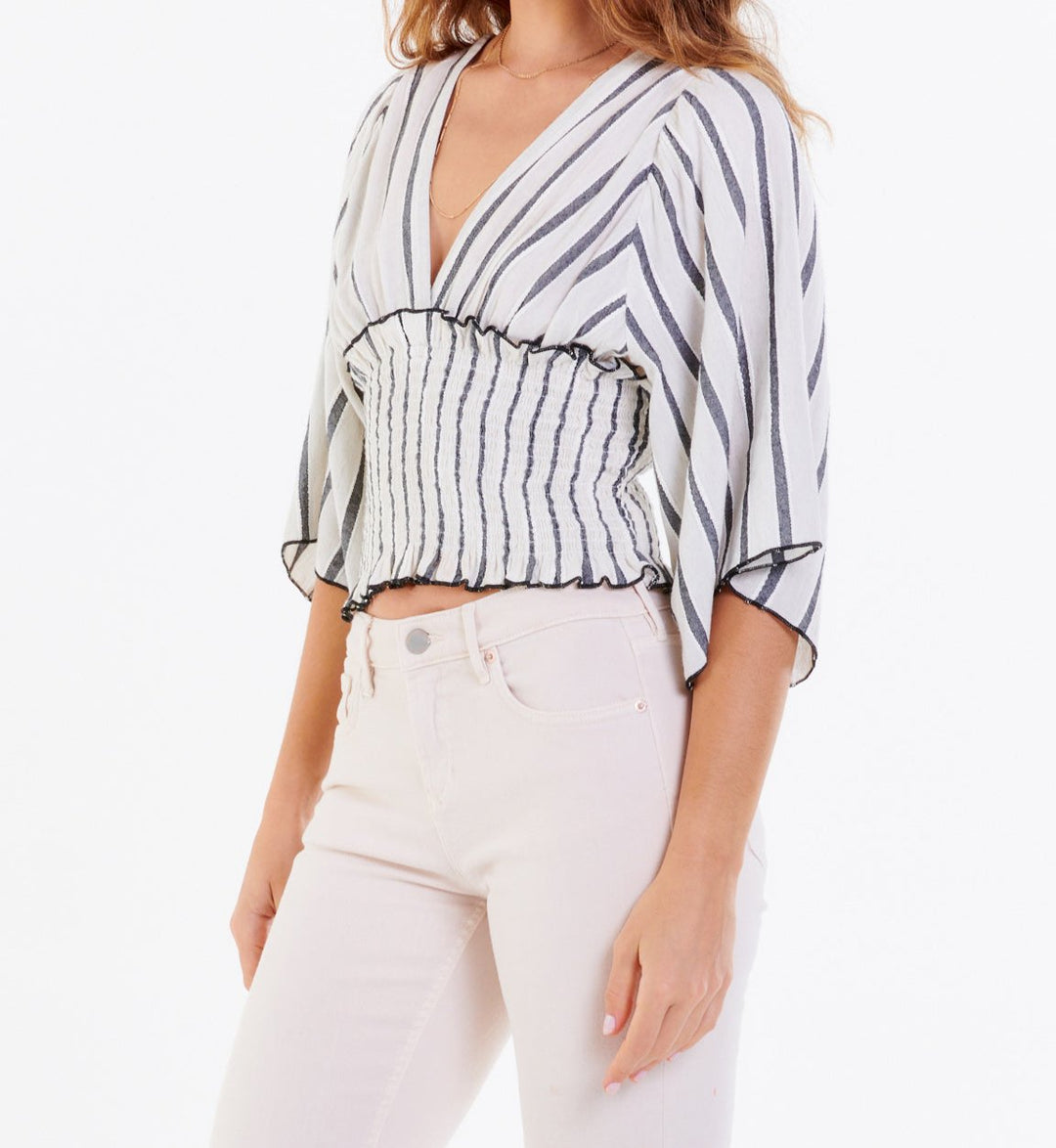 image of a female model wearing a MARCELA KIMONO STYLE TOP BLACK AND CREAM STRIPE DEAR JOHN DENIM 