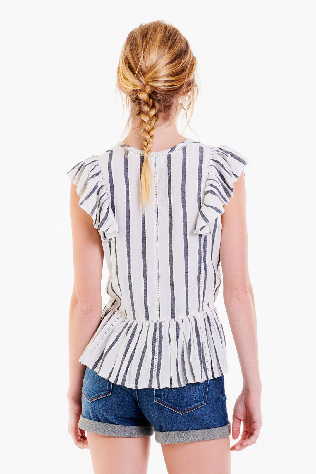 image of a female model wearing a ONA BUTTON FRONT TOP BLACK AND CREAM STRIPE DEAR JOHN DENIM 