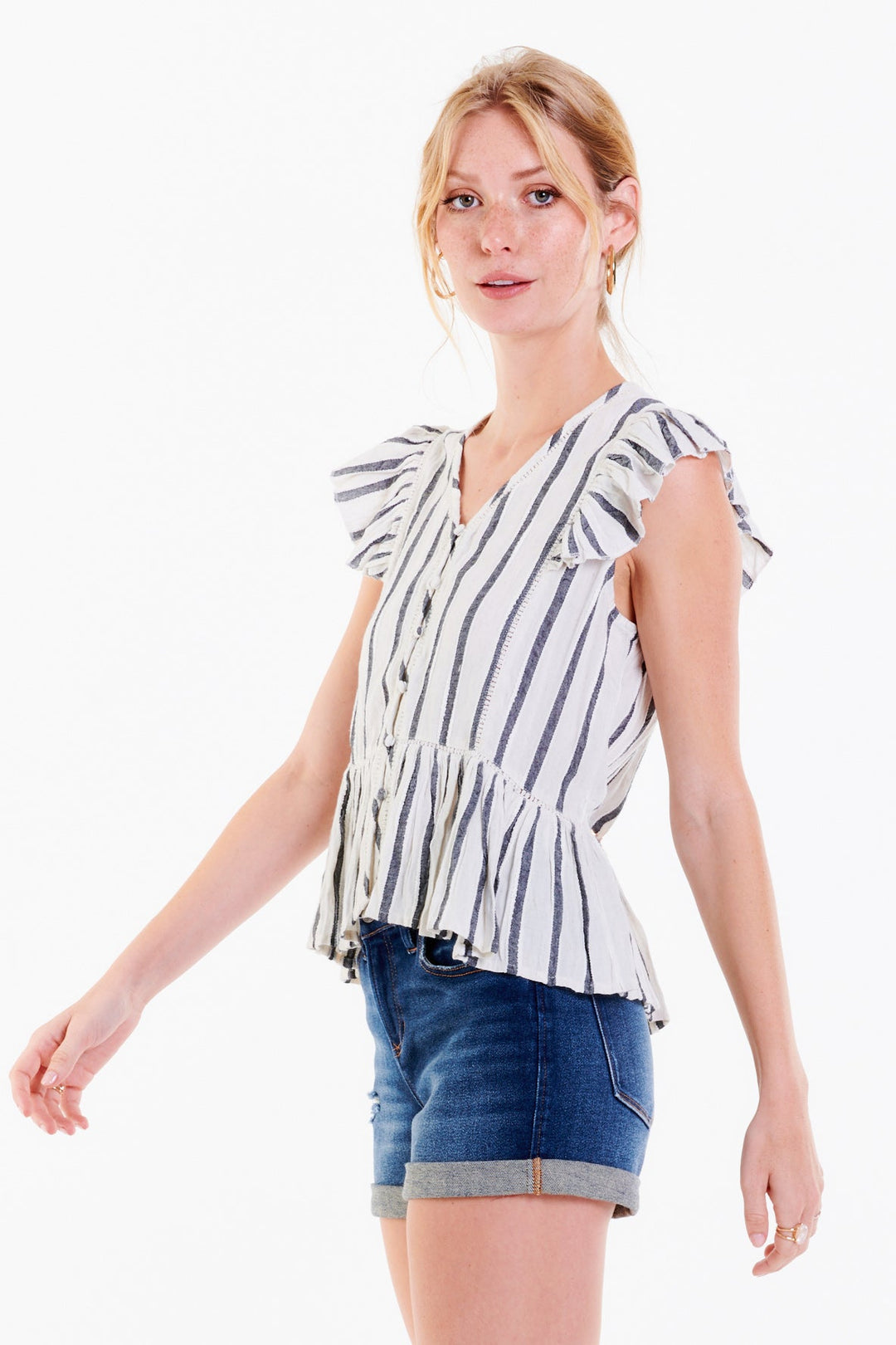 image of a female model wearing a ONA BUTTON FRONT TOP BLACK AND CREAM STRIPE DEAR JOHN DENIM 