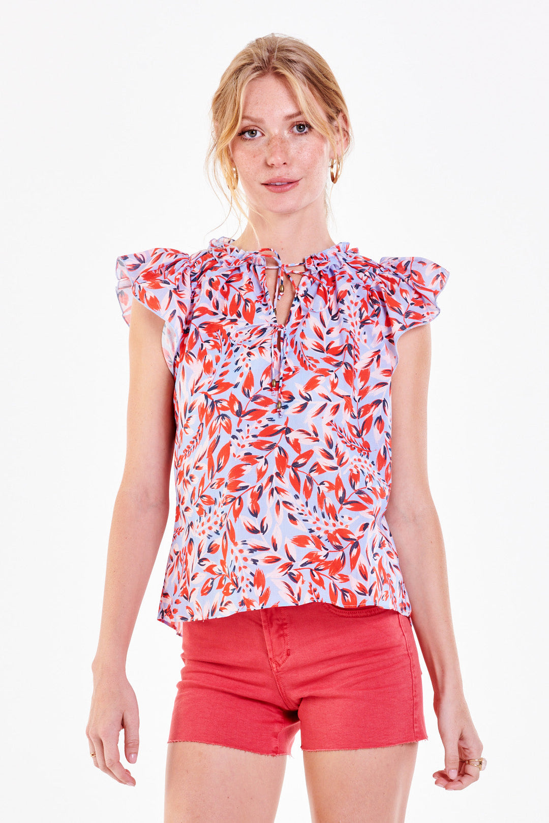 image of a female model wearing a ULLIE KEYHOLE TOP FEATHERED VINE TOPS