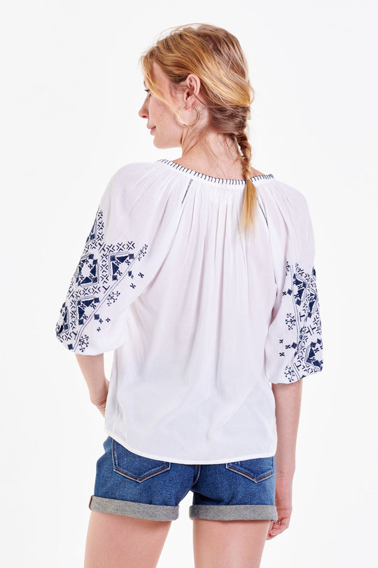 image of a female model wearing a MARY EMBROIDERED DETAIL TOP WHITE BLISS TOPS