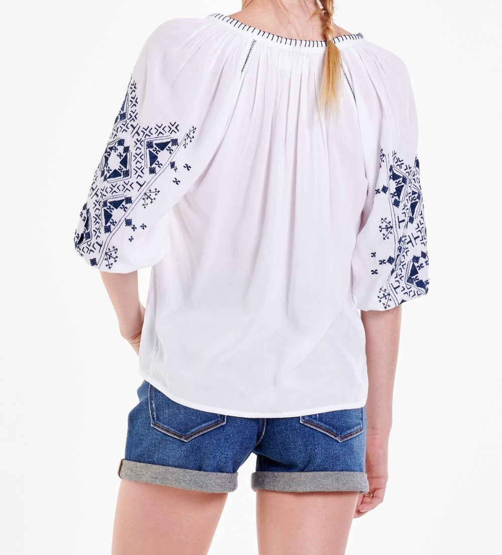 image of a female model wearing a MARY EMBROIDERED DETAIL TOP WHITE BLISS DEAR JOHN DENIM 