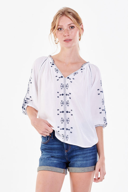 image of a female model wearing a MARY EMBROIDERED DETAIL TOP WHITE BLISS TOPS