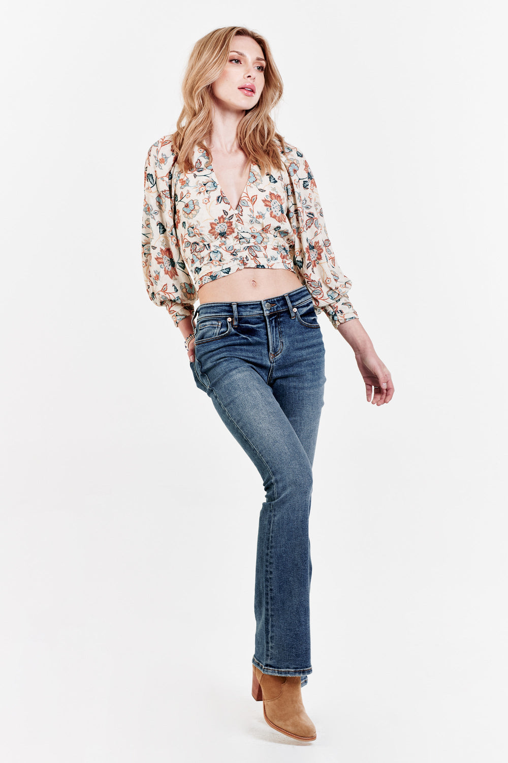 image of a female model wearing a HARMONI PUFF SLEEVE TOP NEUTRAL BLOOM TOPS