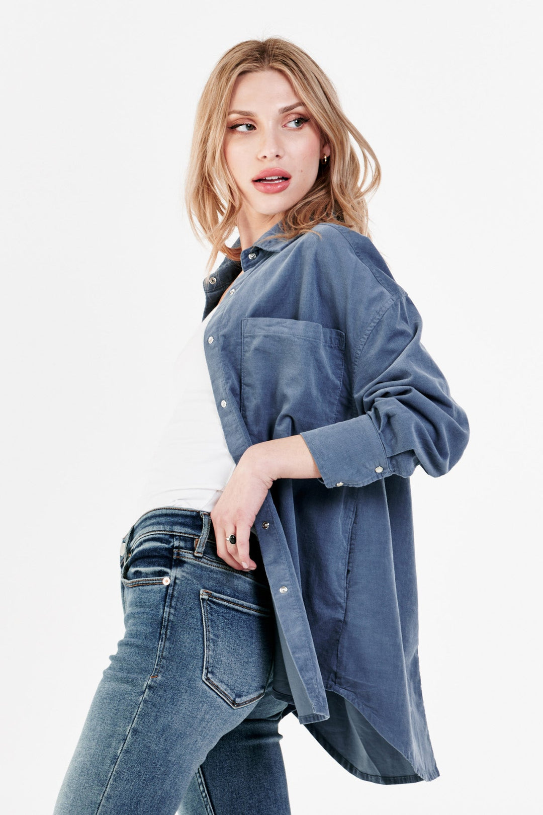 image of a female model wearing a ORA BUTTON FRONT SHIRT BLUE SLATE CORDUROY TOPS