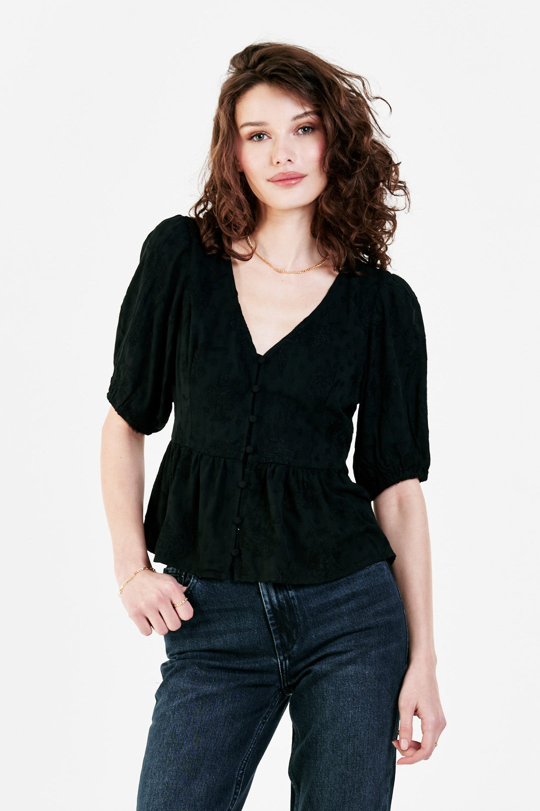 image of a female model wearing a SUTTON PEPLUM TOP BLACK VELVET PETUNIA DEAR JOHN DENIM 