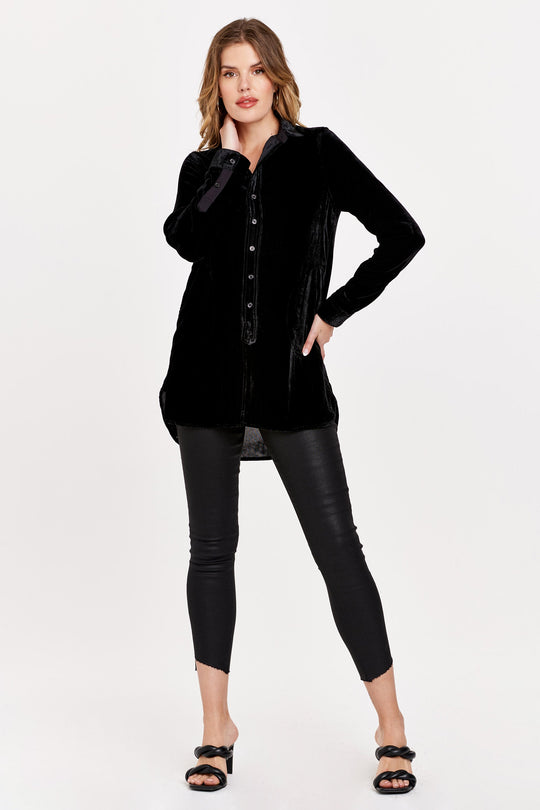 image of a female model wearing a HAZEL BUTTON FRONT TUNIC SHIRT BLACK VELVET DEAR JOHN DENIM 