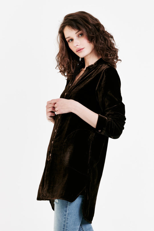 image of a female model wearing a HAZEL BUTTON FRONT TUNIC SHIRT MULCH VELVET DEAR JOHN DENIM 