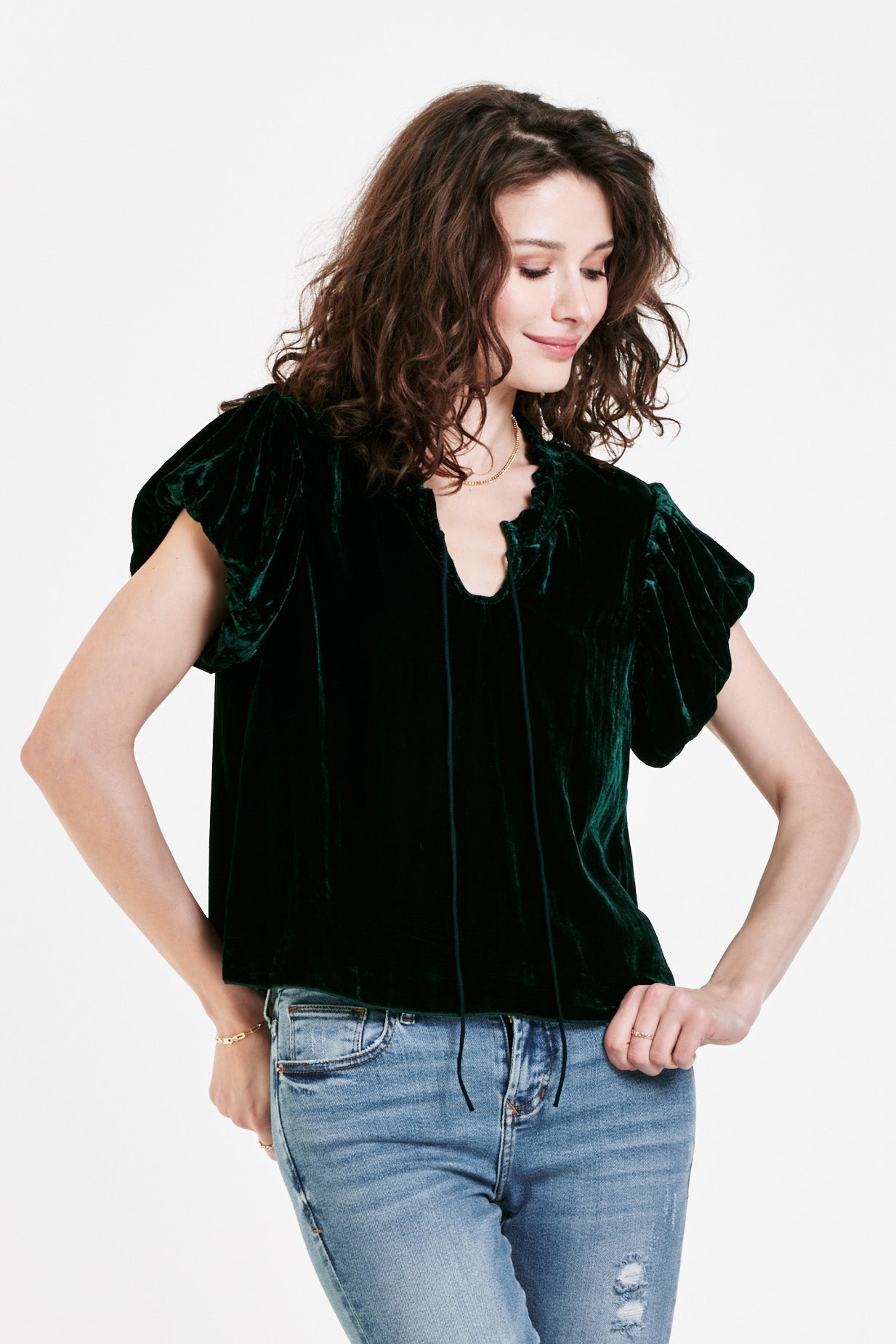 image of a female model wearing a MAGGIE PUFF SLEEVE TOP SYCAMORE VELVET DEAR JOHN DENIM 