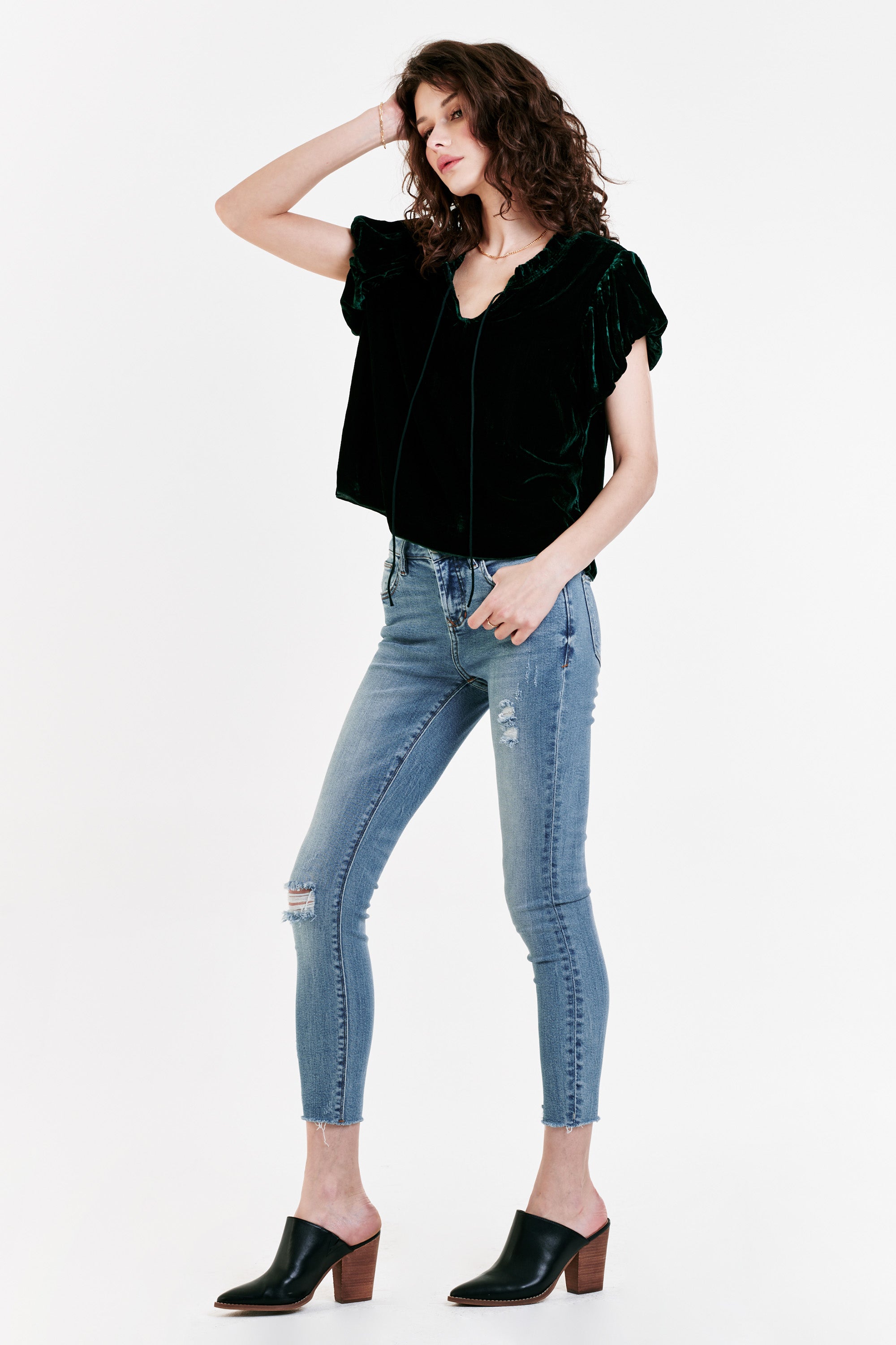 image of a female model wearing a MAGGIE PUFF SLEEVE TOP SYCAMORE VELVET DEAR JOHN DENIM 