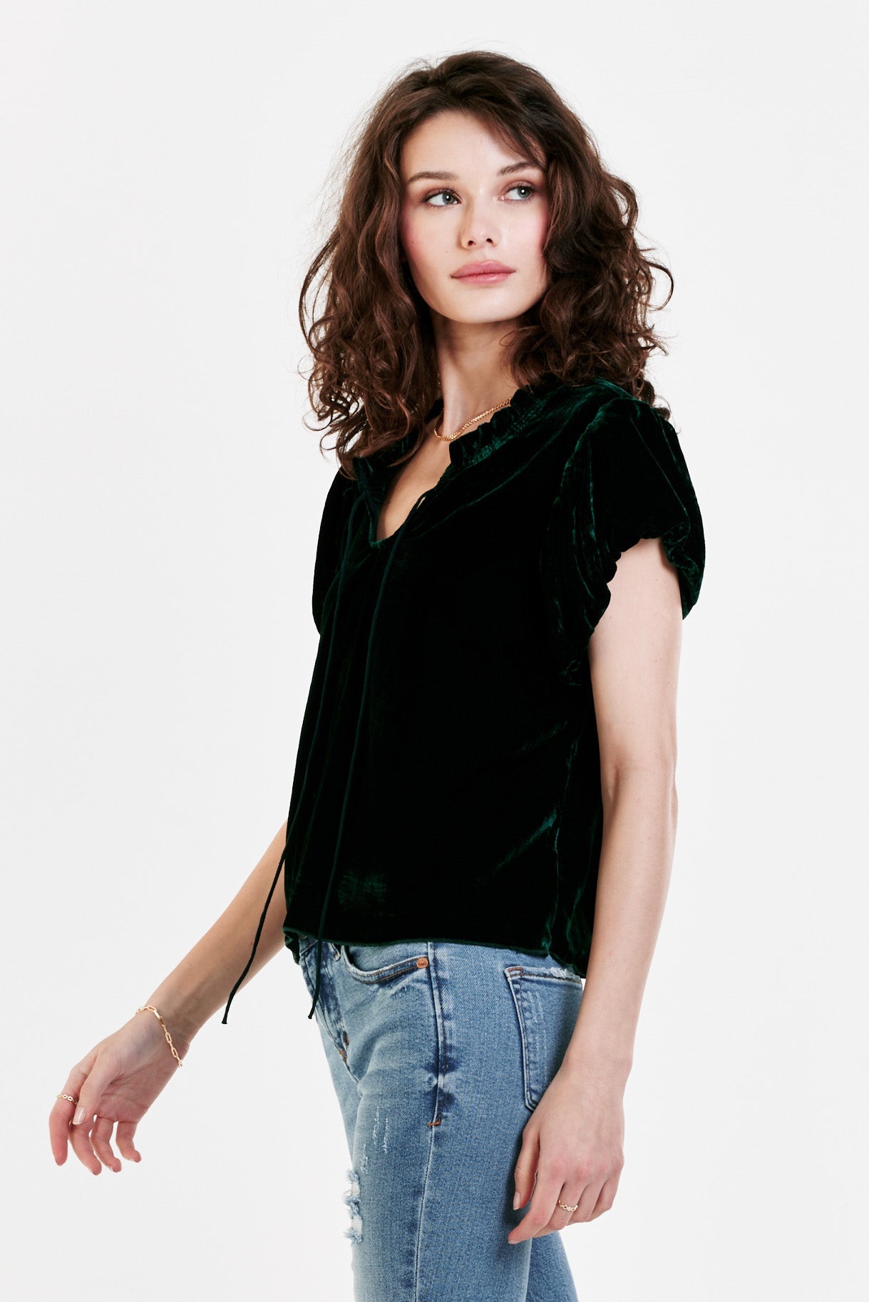 image of a female model wearing a MAGGIE PUFF SLEEVE TOP SYCAMORE VELVET DEAR JOHN DENIM 