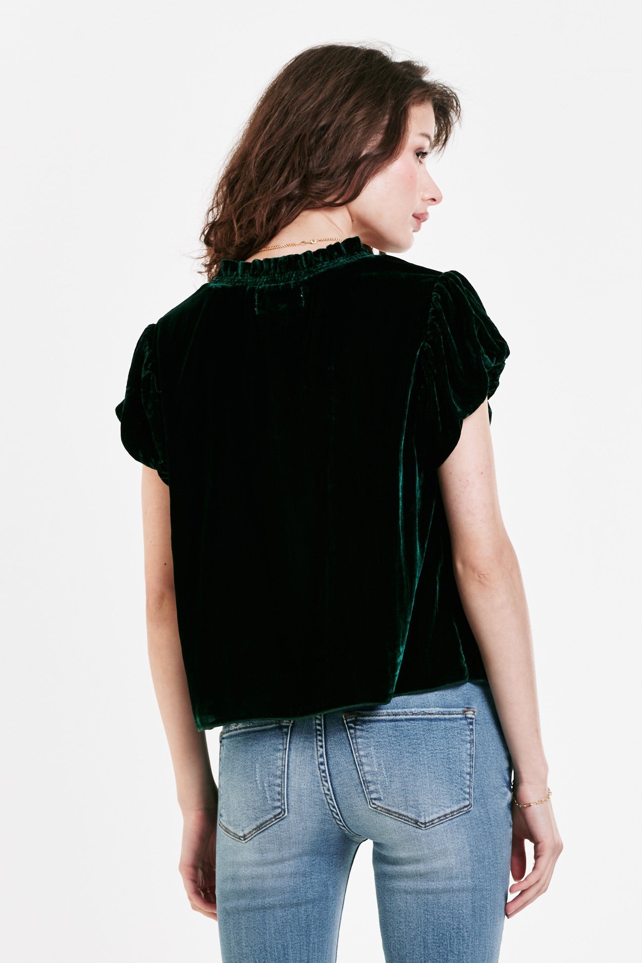 image of a female model wearing a MAGGIE PUFF SLEEVE TOP SYCAMORE VELVET DEAR JOHN DENIM 