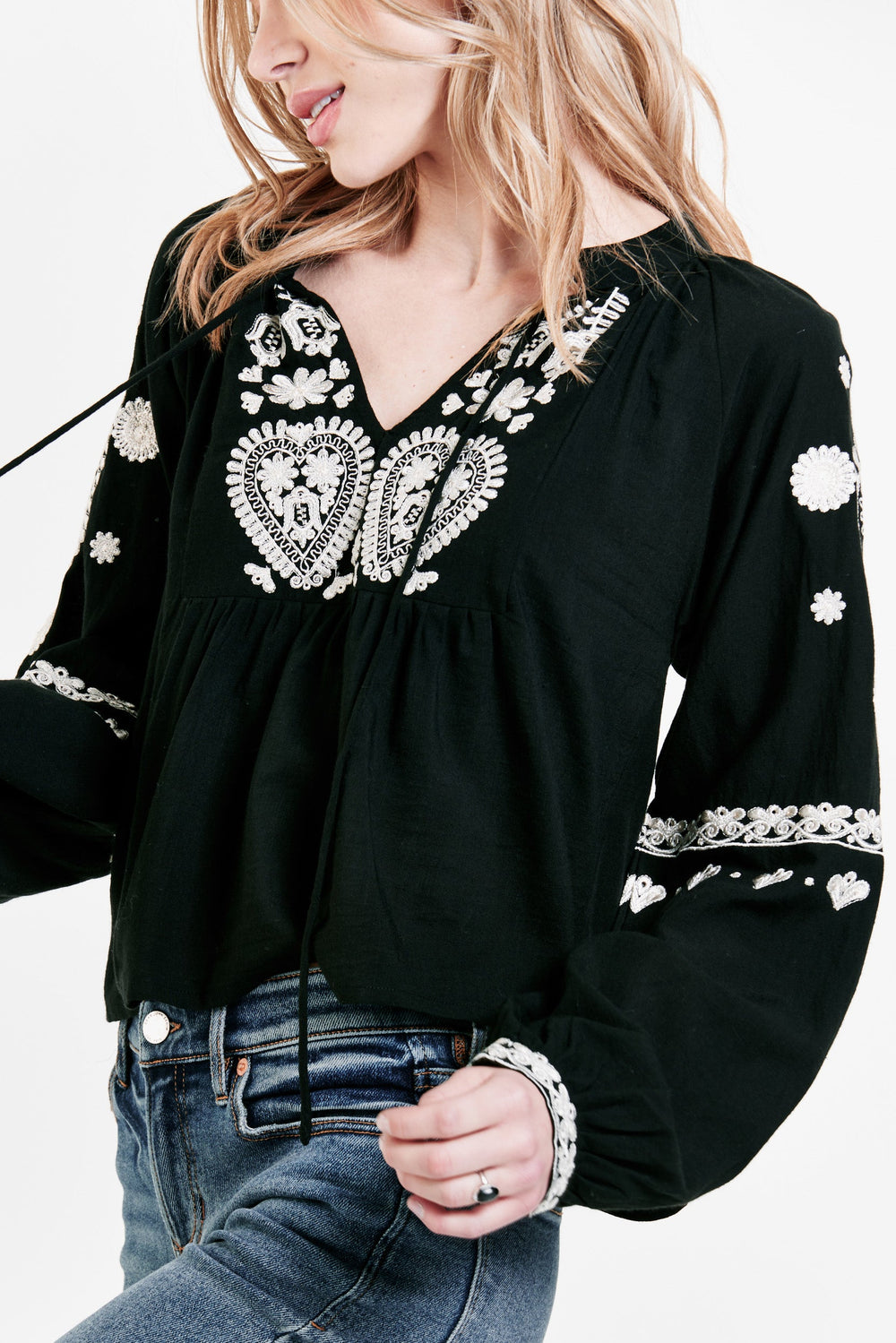 image of a female model wearing a NATALIA EMBROIDERY DETAIL TOP BLACK TOPS