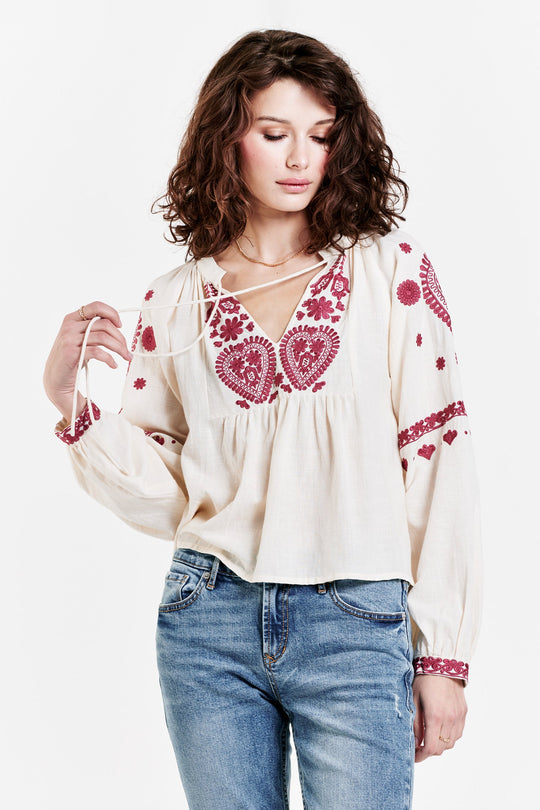 image of a female model wearing a NATALIA EMBROIDERY DETAIL TOP CREAM TOPS