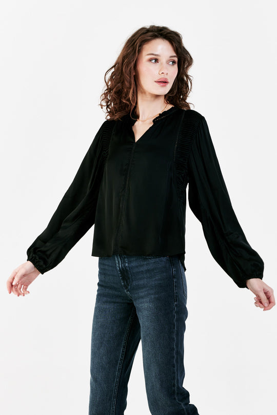 image of a female model wearing a OLANI PLEATED TOP BLACK DEAR JOHN DENIM 
