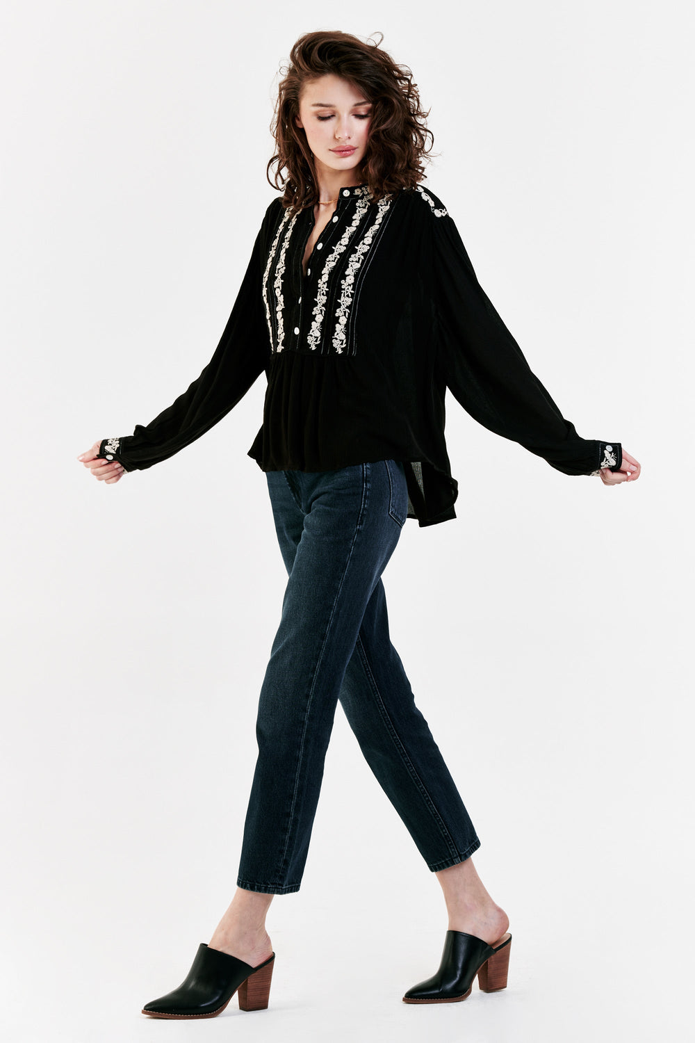 image of a female model wearing a SHANTI EMBROIDERY DETAIL TOP BLACK DEAR JOHN DENIM 