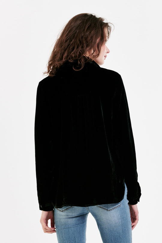 image of a female model wearing a WRENLEY BUTTON FRONT SHIRT BLACK VELVET DEAR JOHN DENIM 