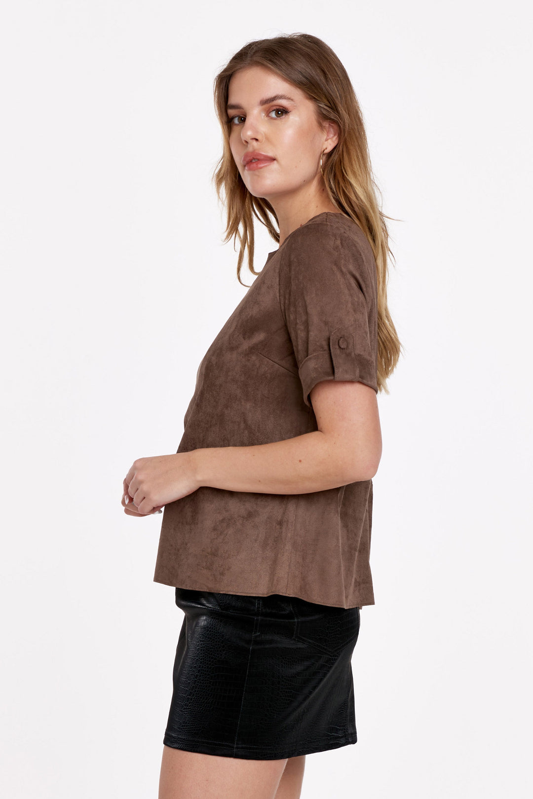 image of a female model wearing a IMELDA CUFF TOP PEANUT BRITTLE SUEDE DEAR JOHN DENIM 