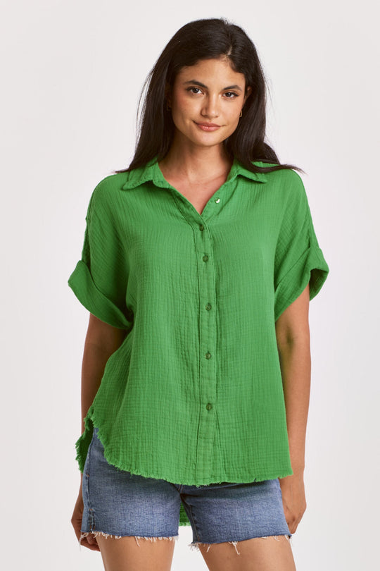 image of a female model wearing a LORELEI BUTTON FRONT SHIRT GREEN FLARE DEAR JOHN DENIM 