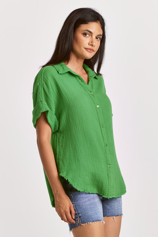 image of a female model wearing a LORELEI BUTTON FRONT SHIRT GREEN FLARE DEAR JOHN DENIM 