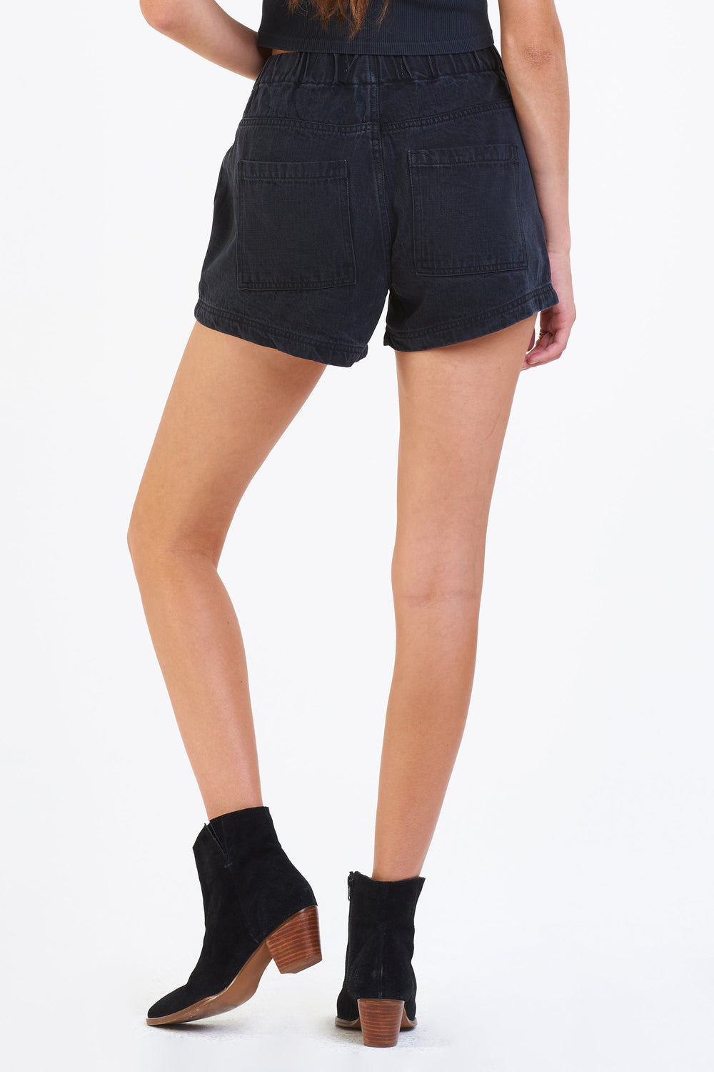 image of a female model wearing a MADDIE SUPER HIGH RISE SHORTS BLACK DEAR JOHN DENIM 