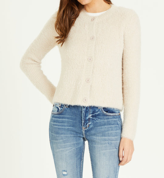 image of a female model wearing a MAY SWEATER IN LIGHT TAUPE DEAR JOHN DENIM 