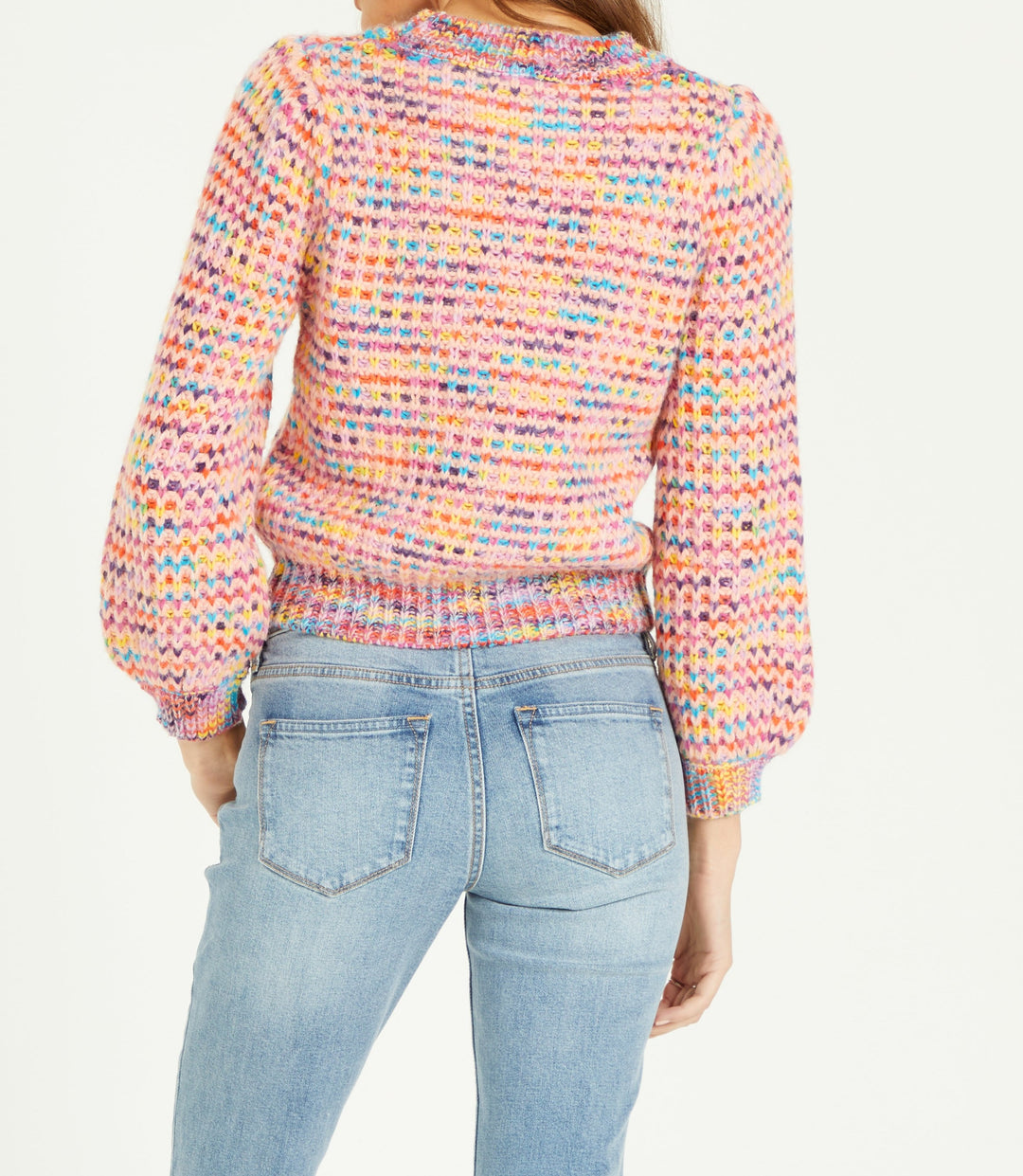 image of a female model wearing a JASLYNN PRISM PINK SWEATERS