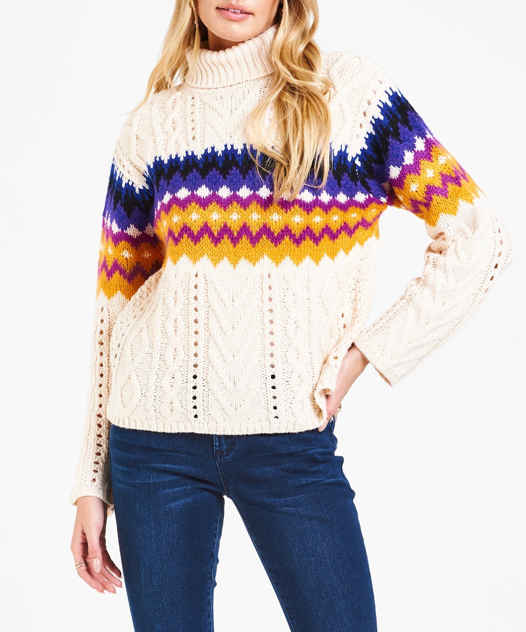 image of a female model wearing a MABEL MOCK NECK SWEATER ASPEN SUNSET DEAR JOHN DENIM 