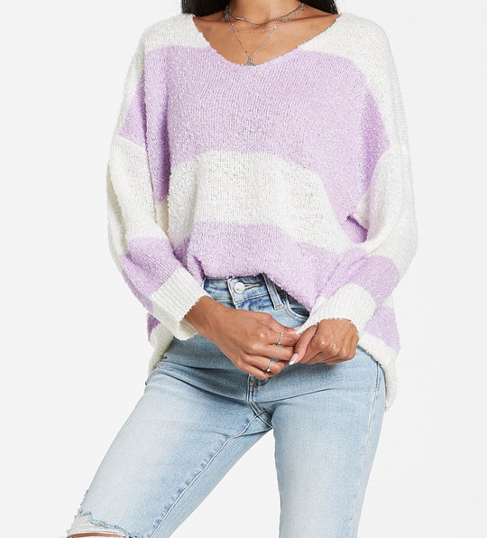 image of a female model wearing a ADRIEN STRIPE ORCHID SEA V-NECK SWEATER SWEATERS